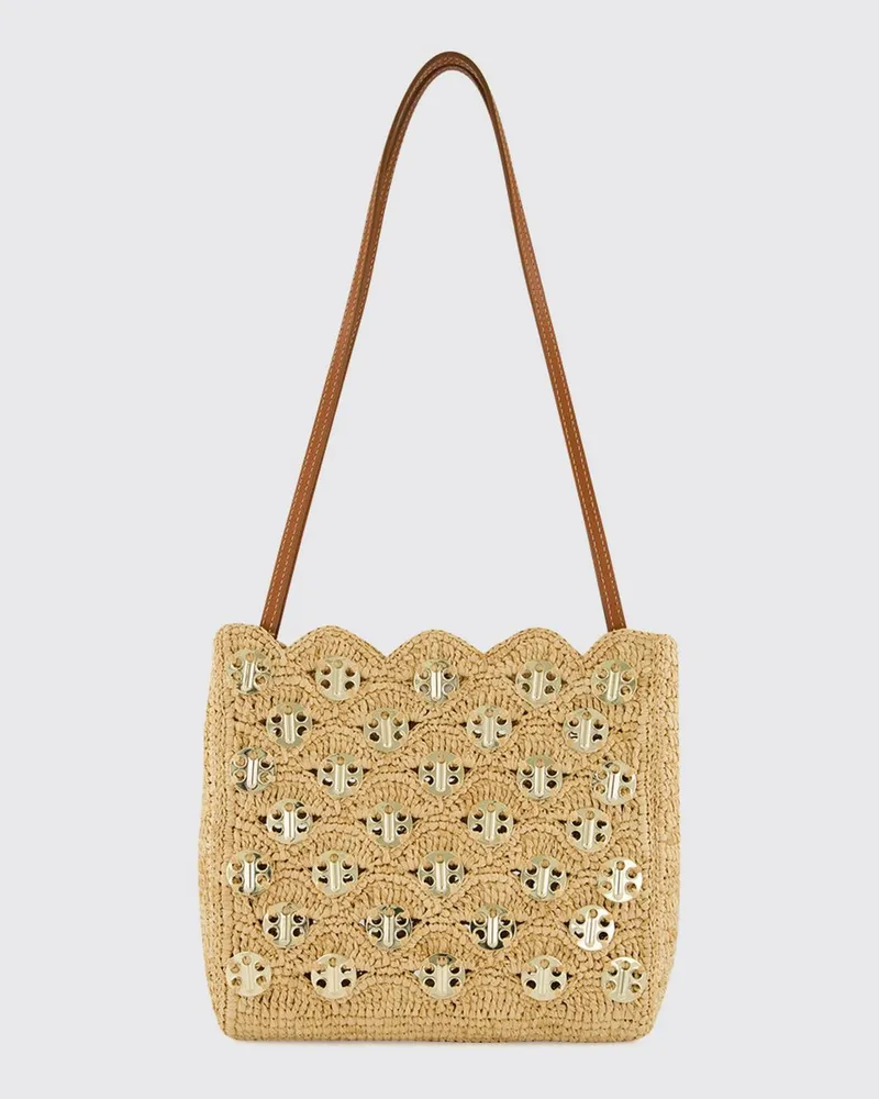 Paco Rabanne 1969 Schultertasche aus Raffia und Stahl mit Ledergriff Beige
