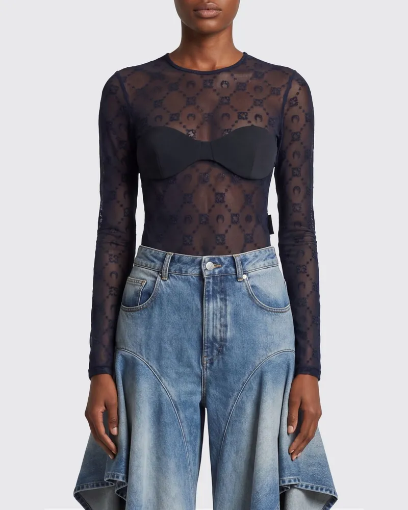 Marine Serre Langärmliges Tüll-Top mit Crescent-Moon-Print Navy
