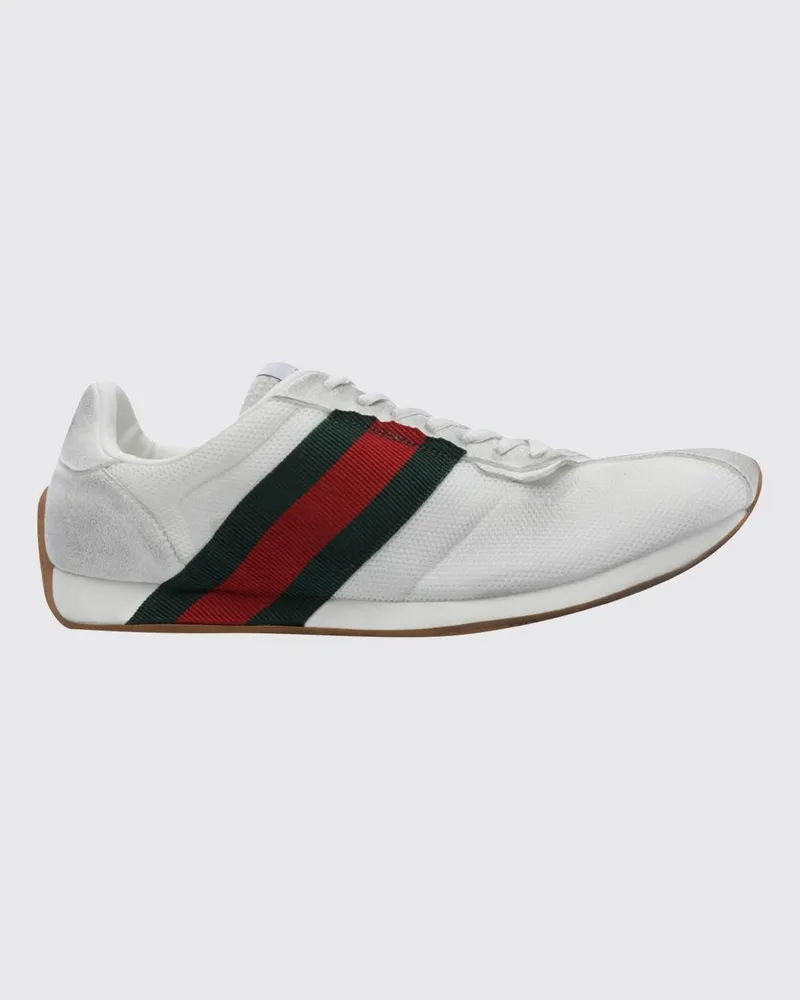 Gucci Niedrige Sneakers Tempo aus Leder und Mesh mit Web-Streifen und Used-Look Weiß
