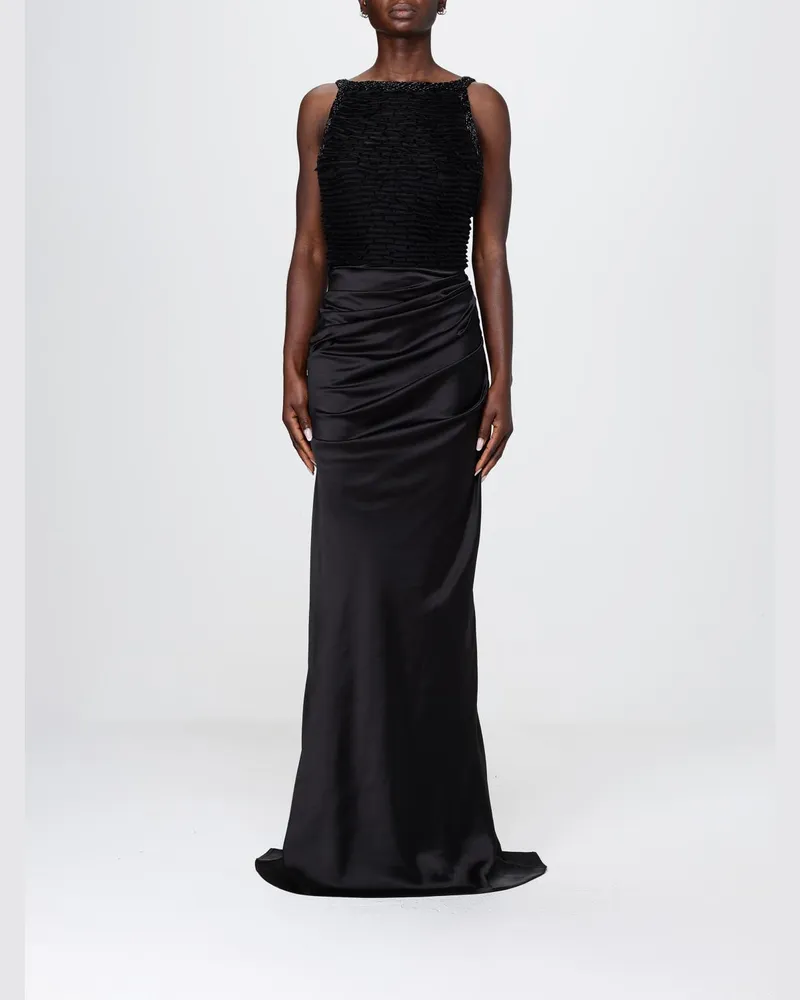Elisabetta Franchi Langes Kleid aus Satin und Tüll Schwarz