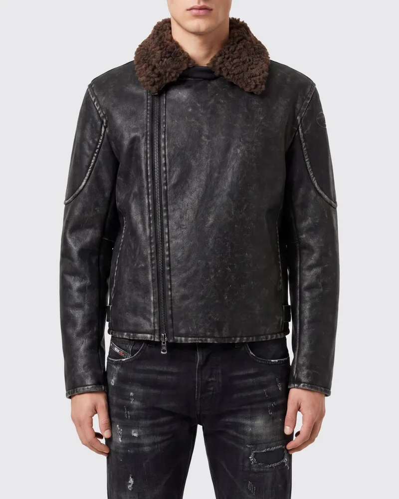 Diesel W-Alex Bikerjacke aus Kunstleder mit abnehmbarem Fellkragen Schwarz