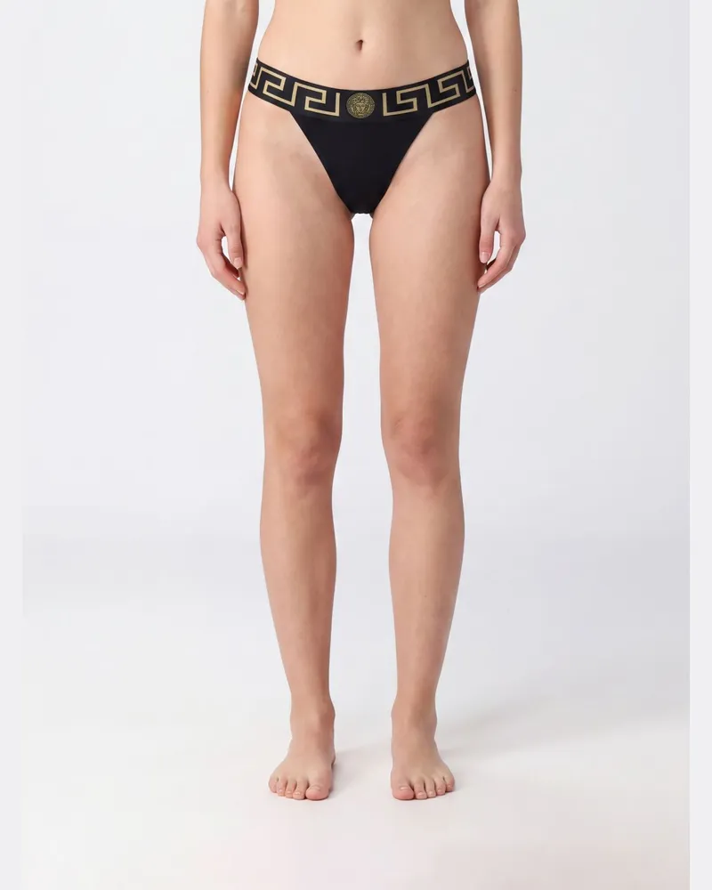 Versace Low-Rise-Tanga aus Stretch-Baumwolle mit Greca-Bund Schwarz