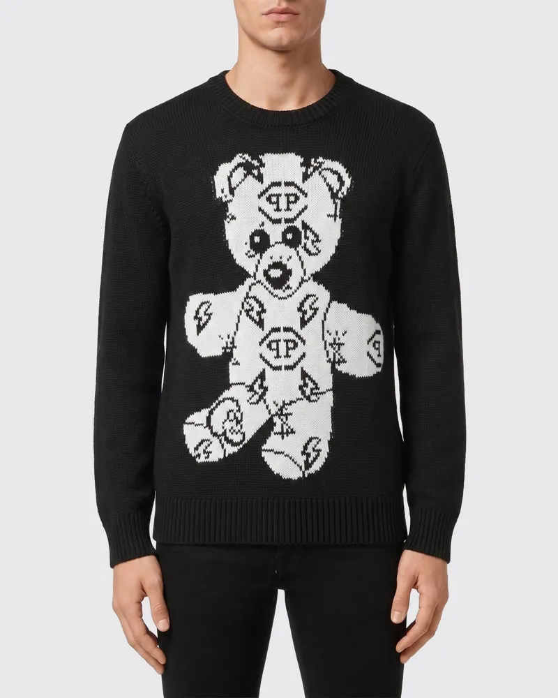 Philipp Plein Rundhalspullover aus Woll-Baumwoll-Mischung mit Teddybär-Frontprint Schwarz