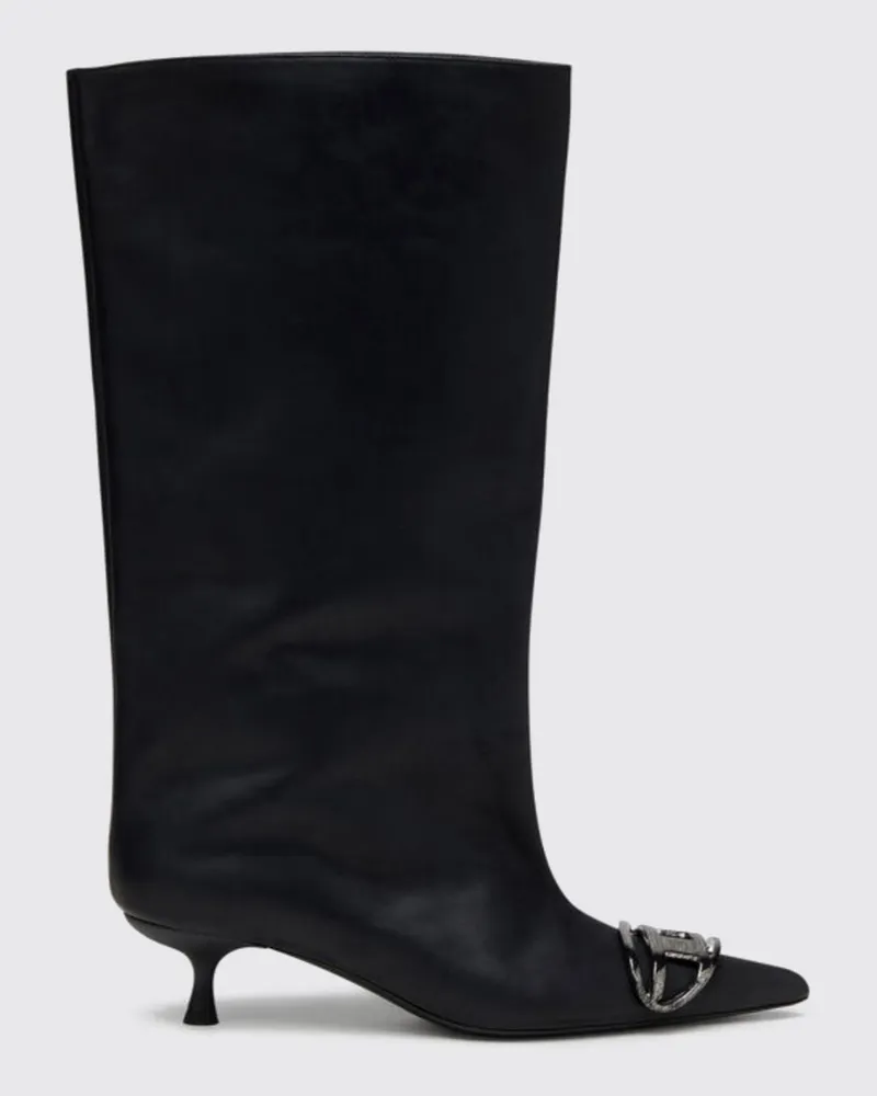 Diesel D-Venus wadenhohe Lederstiefel mit Oval-D-Logo und Stiletto-Absatz Schwarz