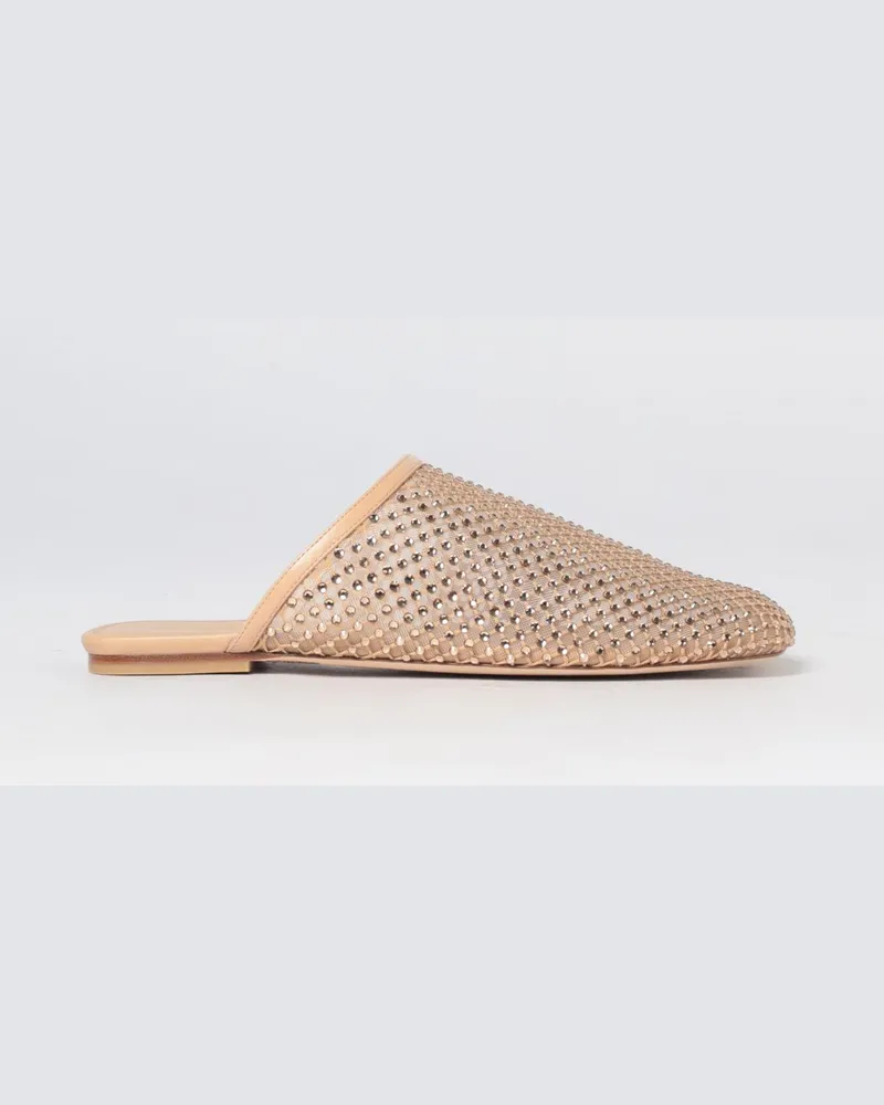 Stuart Weitzman Flache Bareitall Mules aus Mesh-Nylon mit Strass Gold