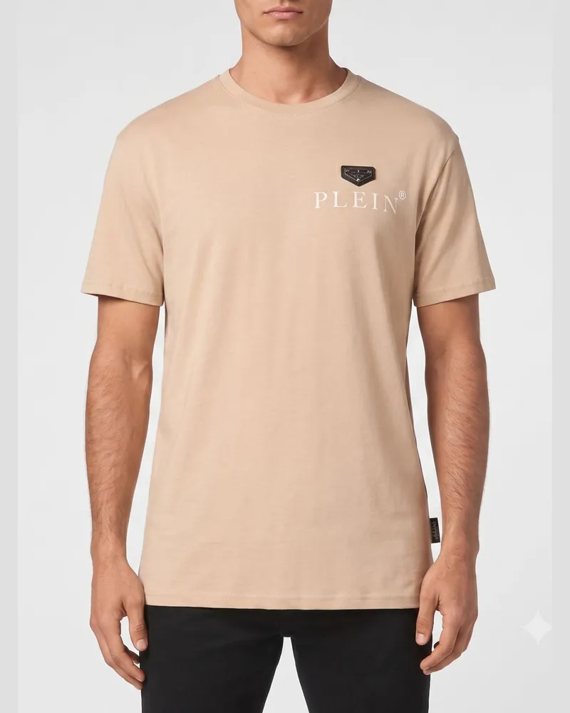 Philipp Plein Rundhals-T-Shirt aus reiner Baumwolle mit kontrastierendem Brustlogo Beige