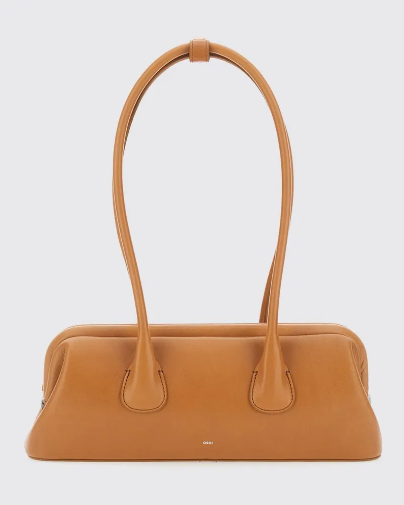 OSOI Schultertasche aus Glattleder mit Doppelgriff und Druckknopfverschluss Braun