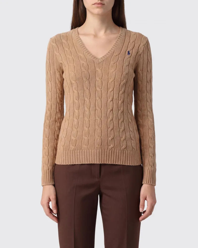 Ralph Lauren Slim-Fit Wollpullover mit V-Ausschnitt und gesticktem Pony-Logo Camel