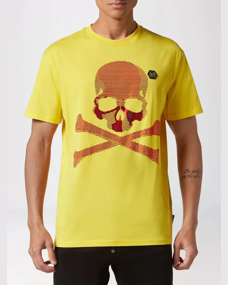 Philipp Plein Kurzärmeliges Baumwoll-T-Shirt mit Totenkopf-Print Gelb