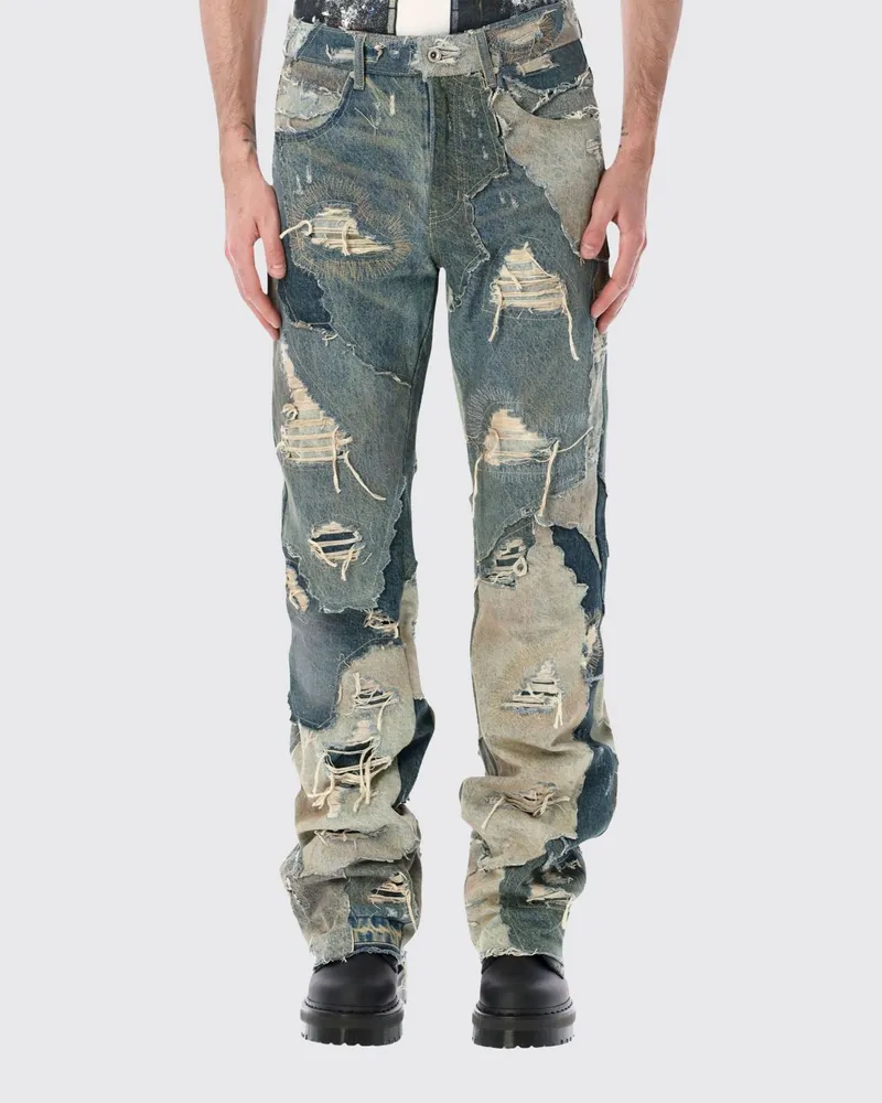 WHO DECIDES WAR Straight Jeans aus Distressed-Denim mit Patches und mittlerer Leibhöhe Denim