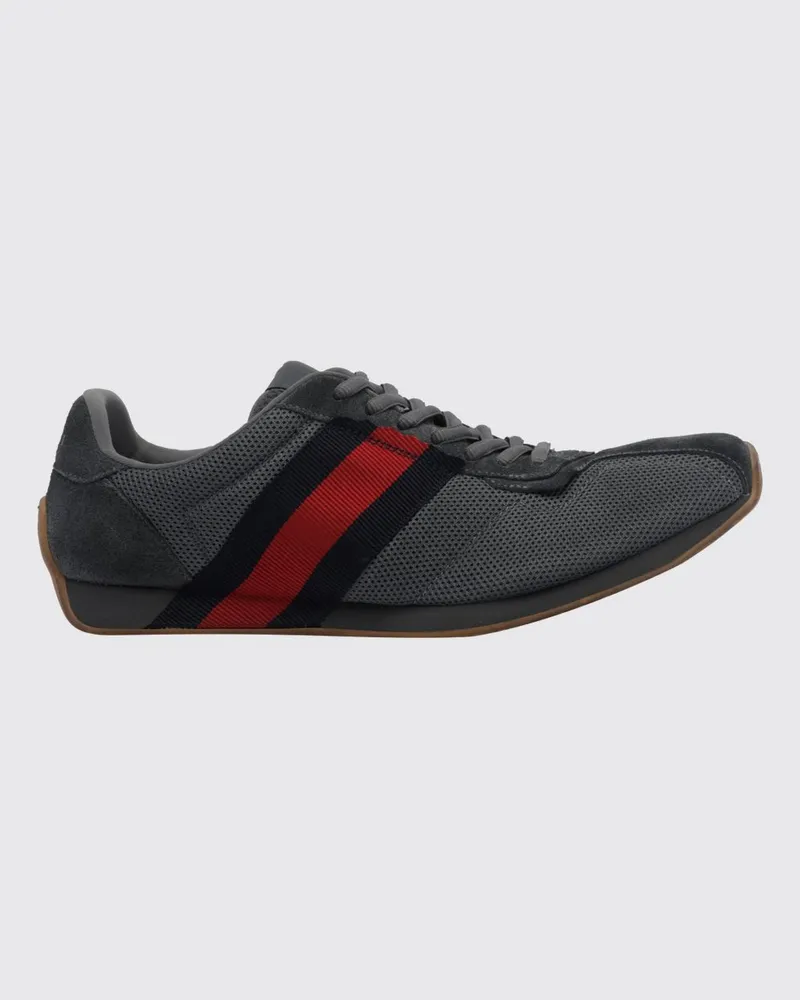 Gucci Niedrige Sneakers Tempo aus Leder und Mesh mit Web-Streifen und Used-Look Grau