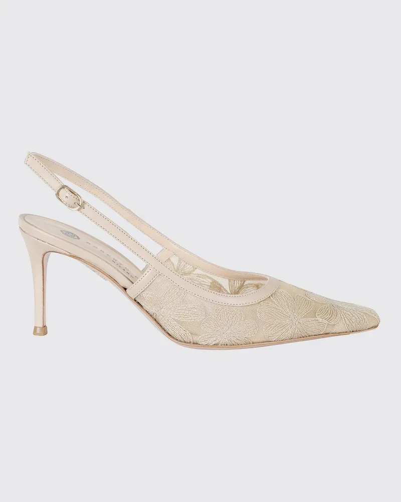 FESTA Milano Game Leder- und Netz-Slingbacks mit Blumenstickerei Beige