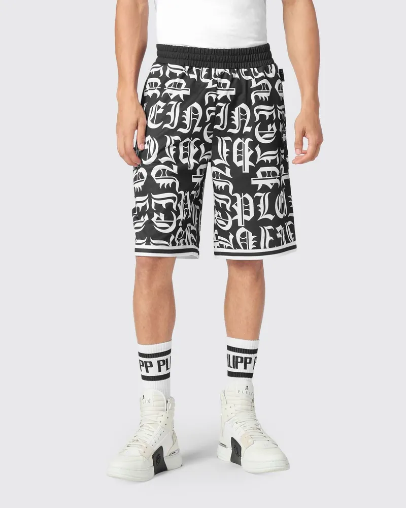 Philipp Plein Gothic Sport-Shorts aus Jersey mit Monogramm-Logo-Druck Schwarz