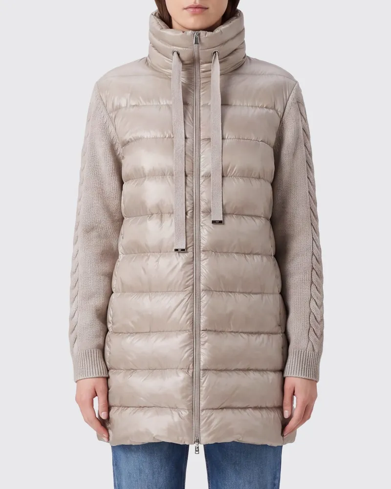 Herno Langer Daunenmantel aus Nylon und Strick mit Stehkragen und Daunenfüllung Cream