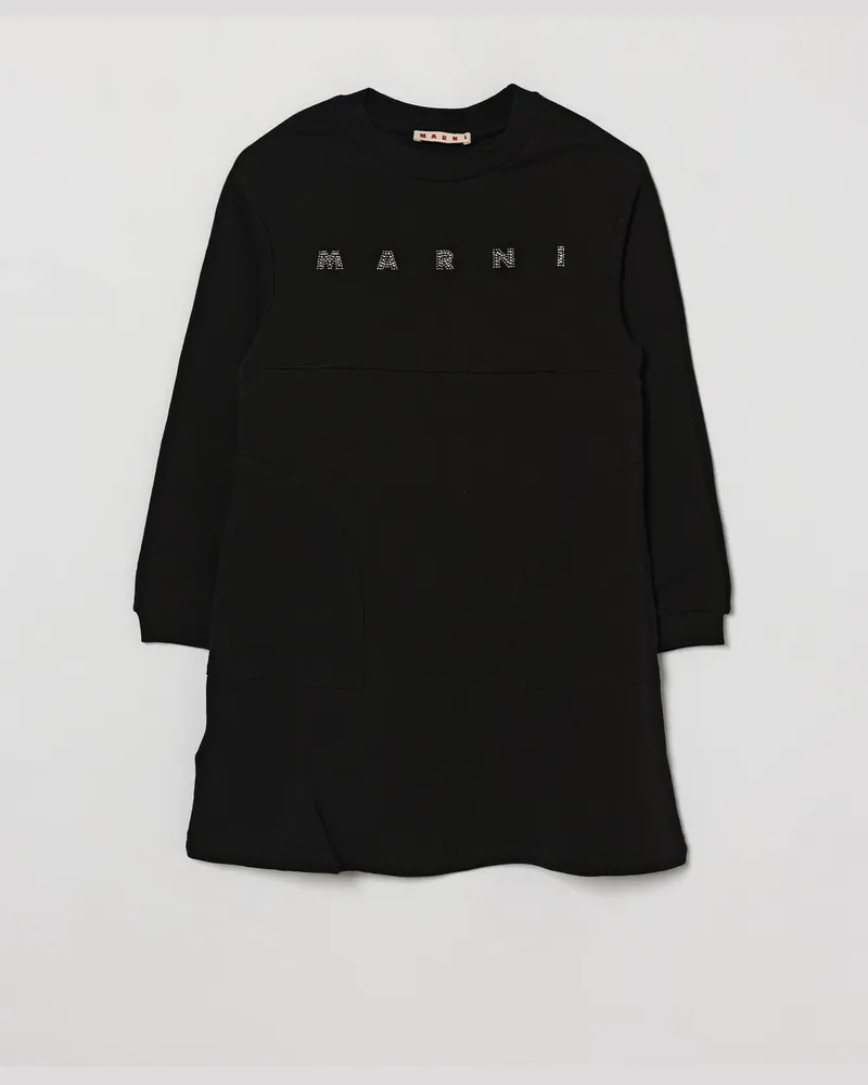 Marni Langärmeliges Baumwollkleid für Mädchen mit Strass-Logo Schwarz