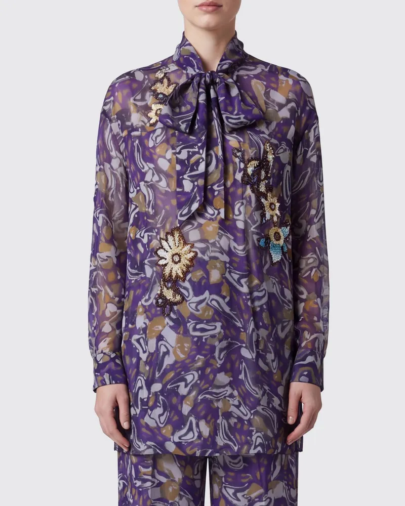 Dries van Noten Viskosebluse mit abstraktem Druck, Schalkragen und Blumenapplikation Pink