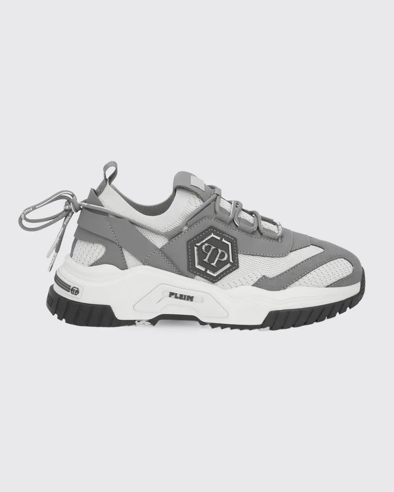 Philipp Plein Niedrige Sneakers aus Häkelstrick und Leder mit metallischem Hexagon-Logo Grau