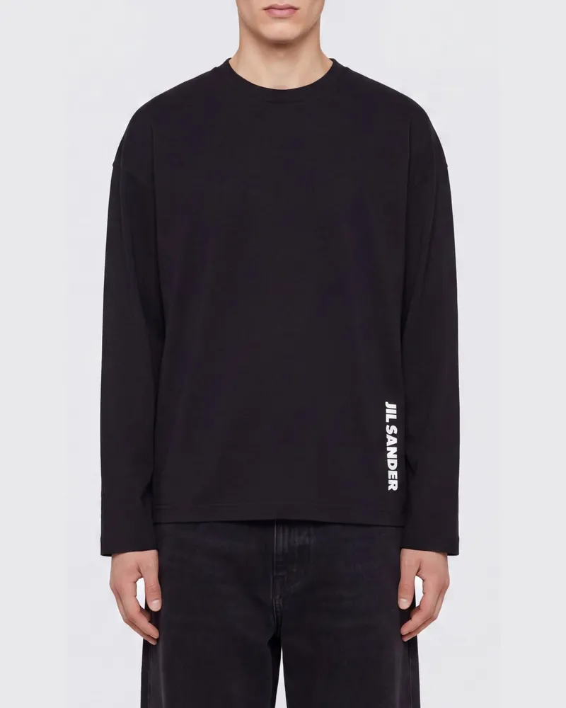 Jil Sander Langärmeliges Baumwoll-T-Shirt mit Kontrast-Logo Schwarz