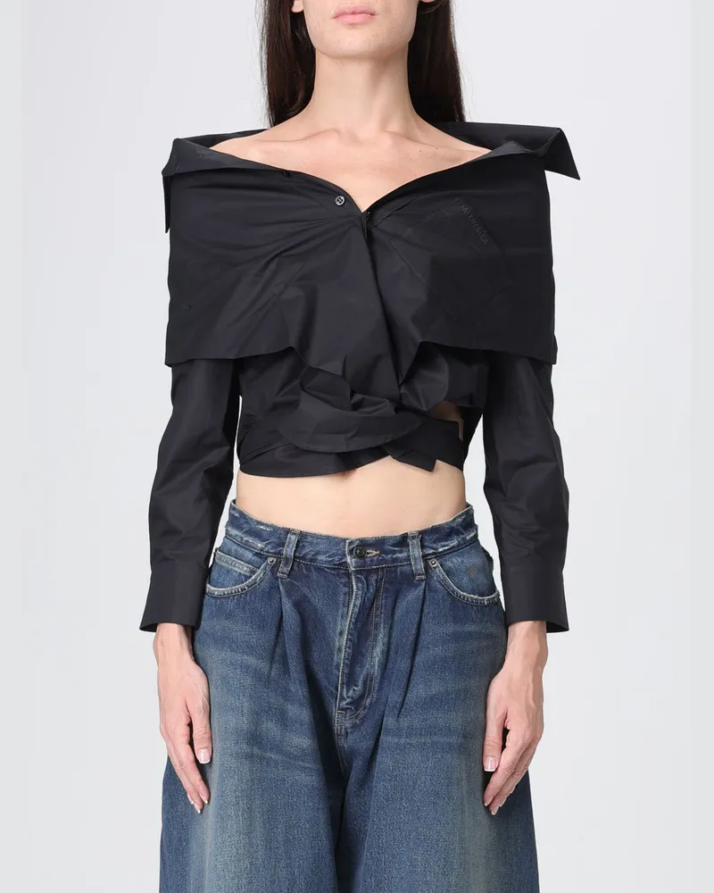 Balenciaga Gerafftes Cropped-Hemd aus Baumwolle mit langen Ärmeln Schwarz