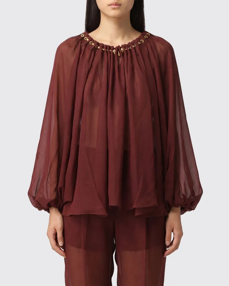 Zimmermann Transparente Seidenbluse mit Ballonärmeln Burgunderrot