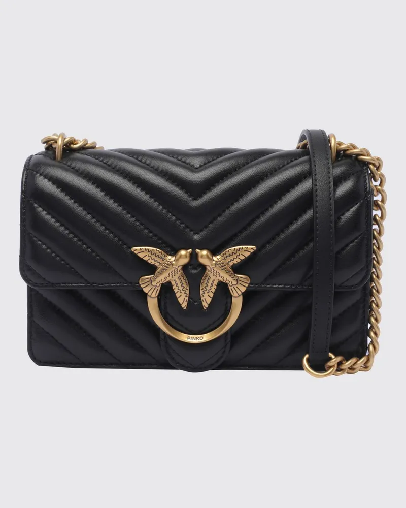 Pinko Mini Love Bag One aus gestepptem Nappaleder im Chevron-Muster mit Love Birds-Logo Schwarz