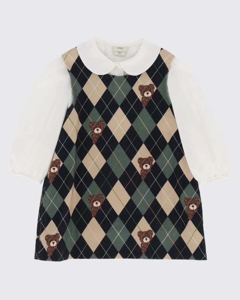Fendi Kariertes Mini-Kleid aus Baumwolle für Mädchen mit Peter-Pan-Kragen Grün