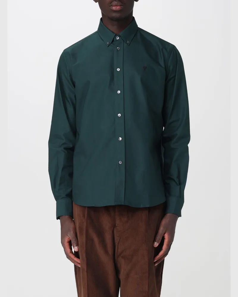 AMI Paris Baumwollhemd mit Button-Down-Kragen und gesticktem Logo Flaschengrün