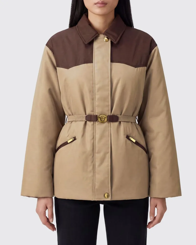 Versace Zweifarbige gepolsterte Hemdjacke aus Nylon mit Medusa-Gürtel Kakao