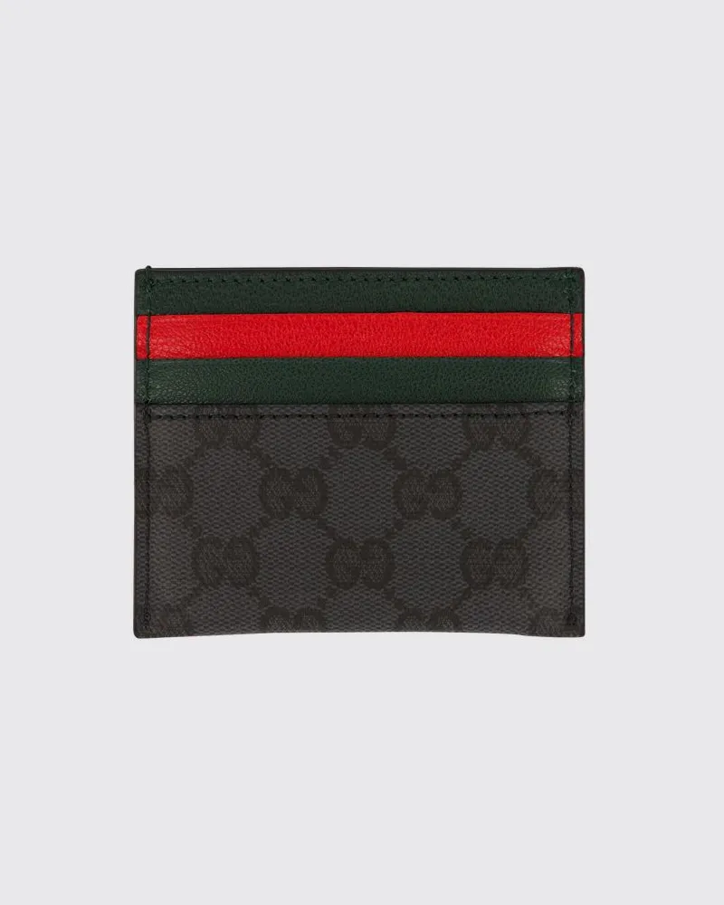 Gucci Flaches Kartenetui aus GG Supreme-Stoff mit Web-Detail und Lederbesatz Schwarz