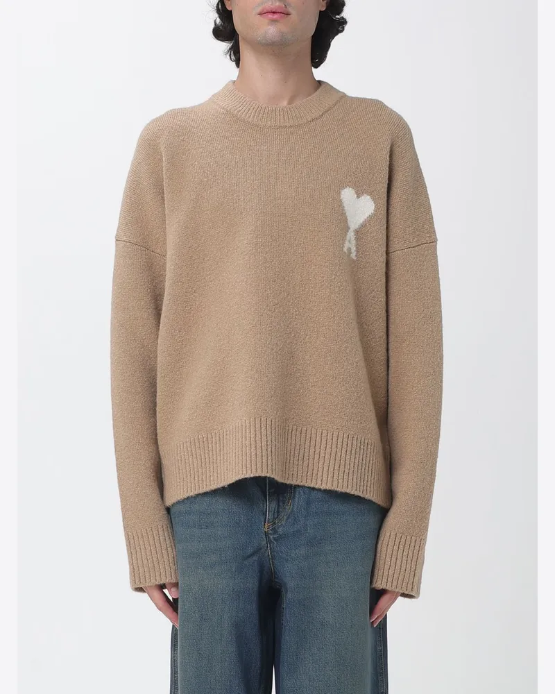 AMI Paris Pullover aus Wolle und Alpaka mit Rundhalsausschnitt und Jacquard-Logo Beige