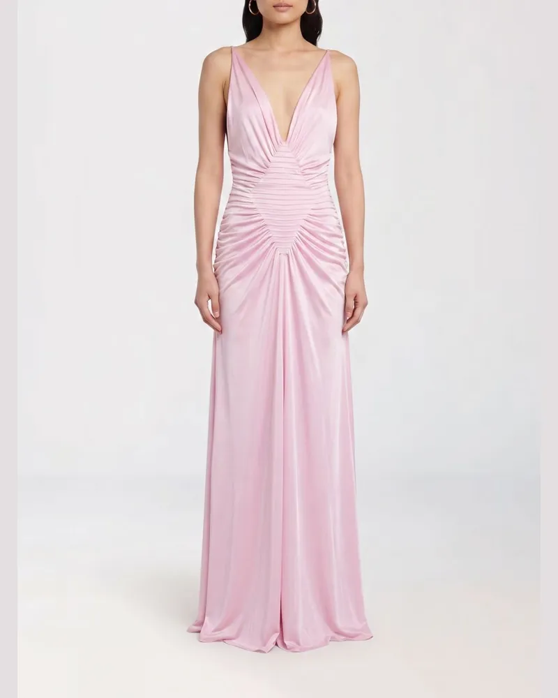 Versace Langes drapiertes Satin-Abendkleid mit schulterfreiem Detail Pink