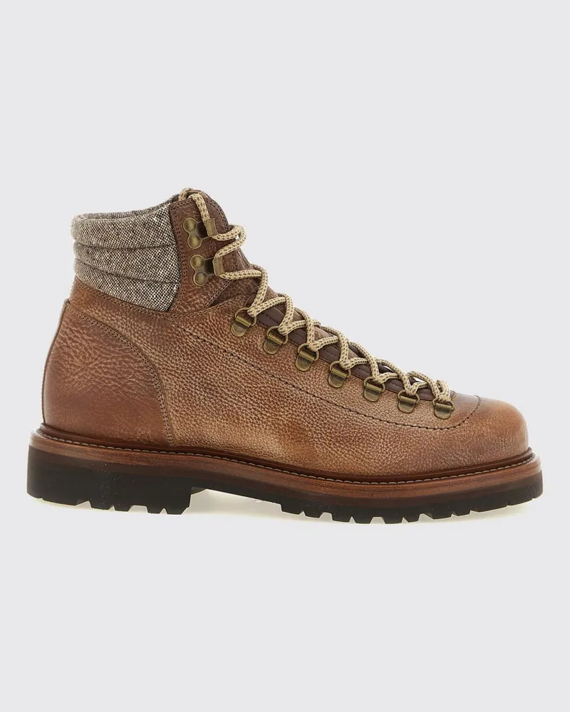 Brunello Cucinelli Schnürstiefeletten aus genarbtem Leder von mit Profilsohle Camel