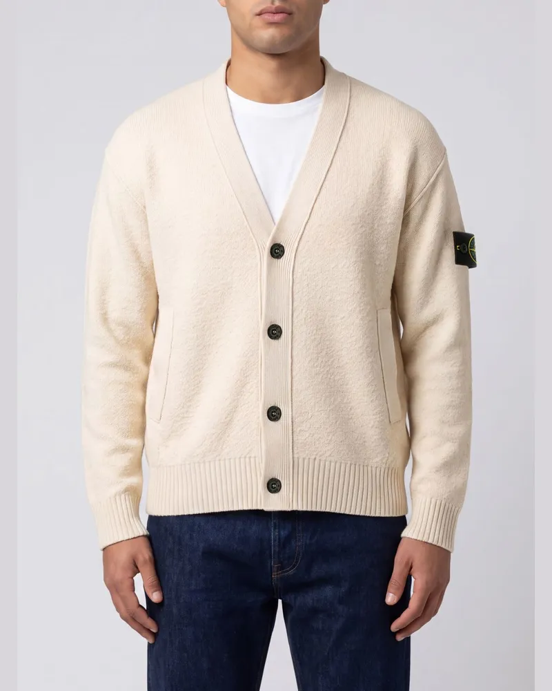 Stone Island V-Ausschnitt Cardigan aus reiner Schurwolle mit Compass-Logo Weiß