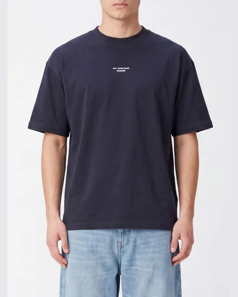 Drôle de Monsieur Baumwoll-T-Shirt mit kontrastierendem Logo und überschnittenen Schultern Schwarz