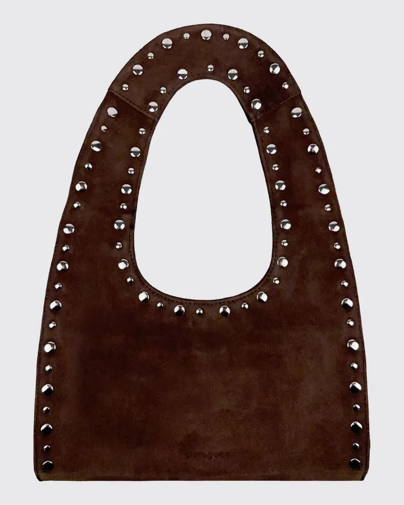 GIMAGUAS Franca bestickte Leder-Schultertasche mit Nieten und flachem Henkel Braun