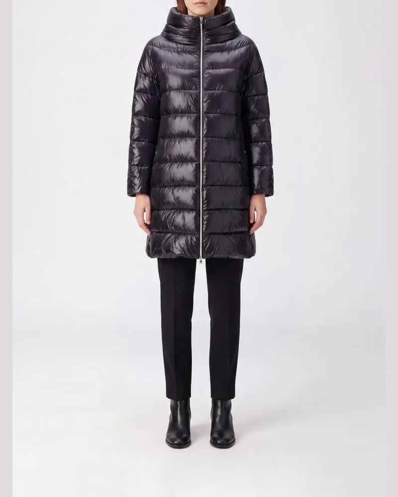 Herno Langer Daunenmantel aus gestepptem Nylon mit Stehkragen und Daunenfüllung Schwarz