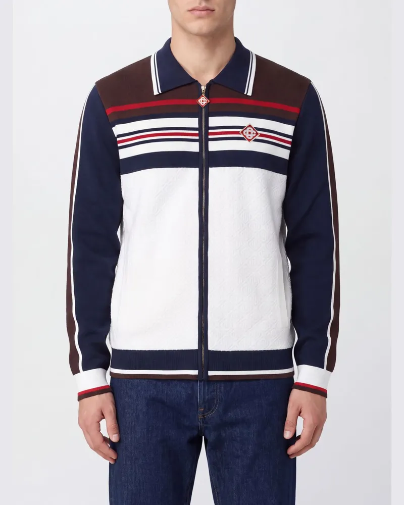 Casablanca Paris Gestreiftes Sweatshirt aus Stretch-Viskose mit Reißverschluss und klassischem Kragen Weiß