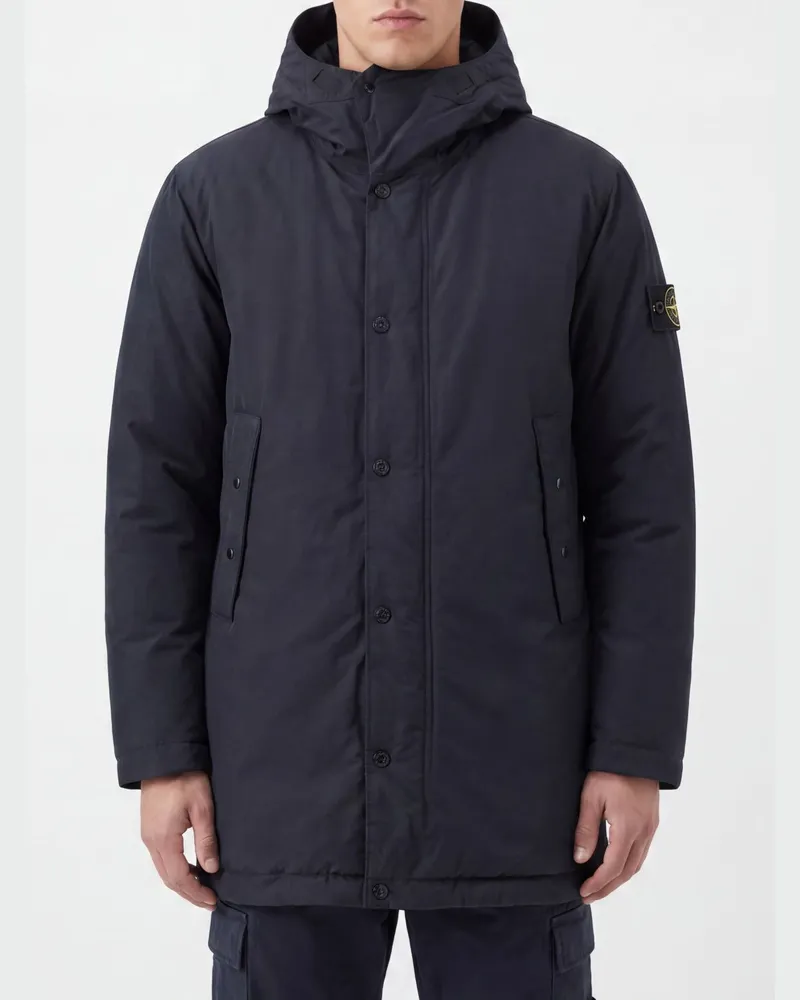 Stone Island Kurzer Parka aus recyceltem technischem Gewebe mit Kapuze und Logo Schwarz