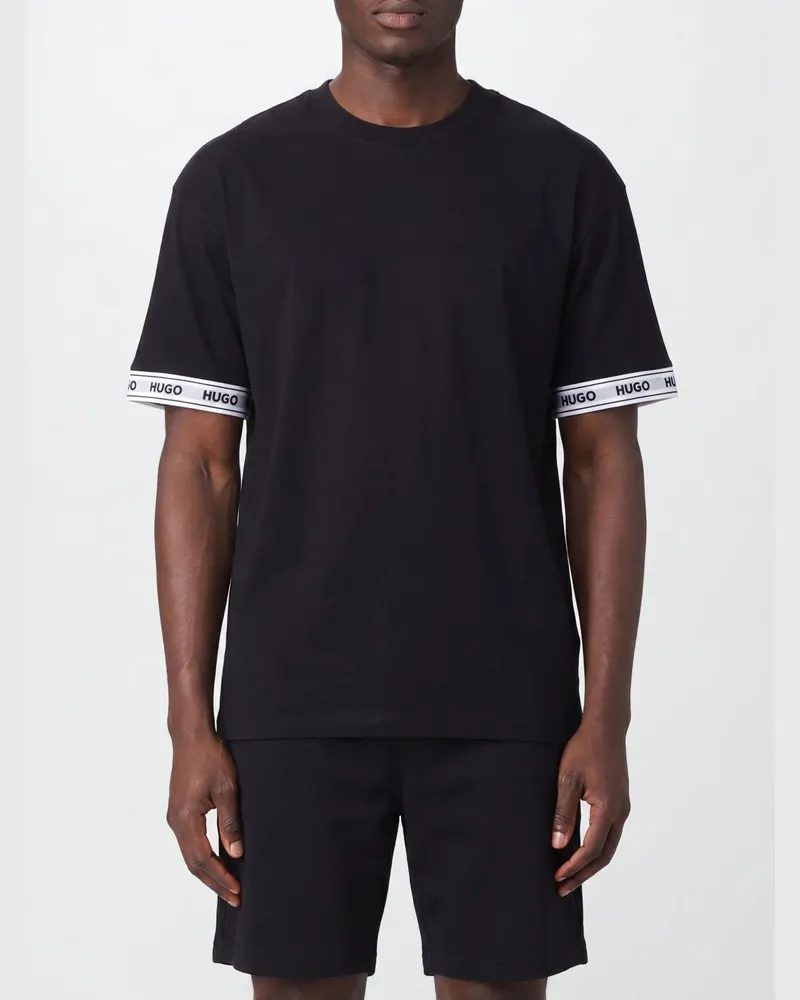 HUGO BOSS Rundhals-T-Shirt aus reiner Baumwolle mit kontrastierendem Frontlogo Schwarz