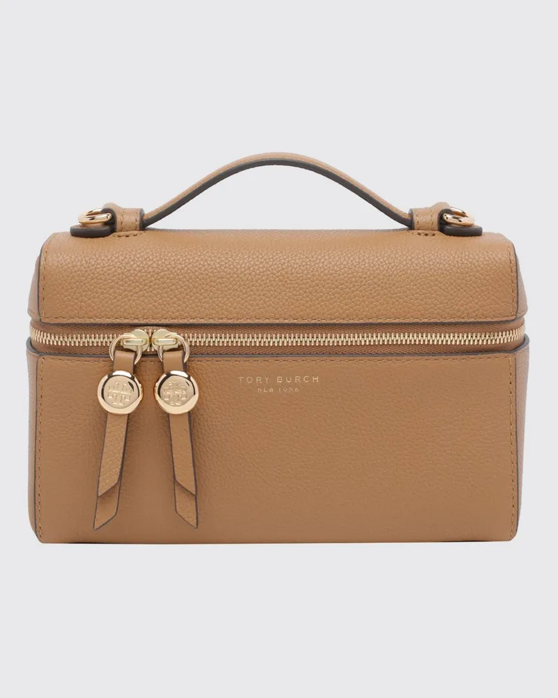 Tory Burch Romy Mini-Handtasche aus genarbtem Leder mit Doppelreißverschluss Braun