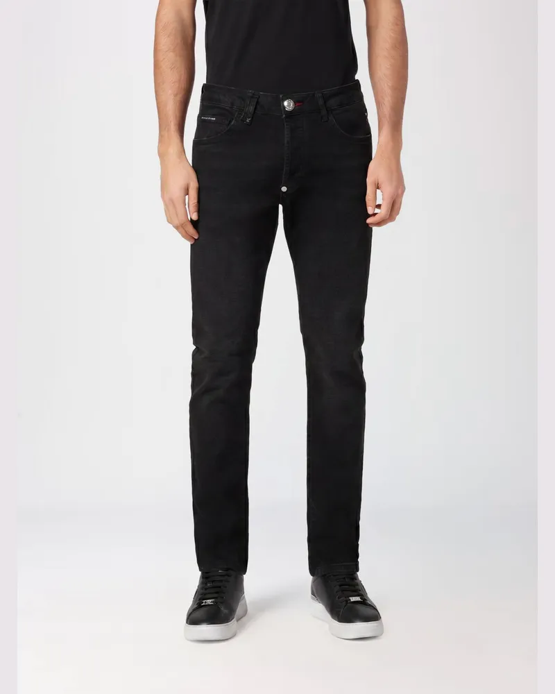 Philipp Plein Slim Fit Skinny Jeans aus Baumwolldenim mit Metall-Logo Schwarz