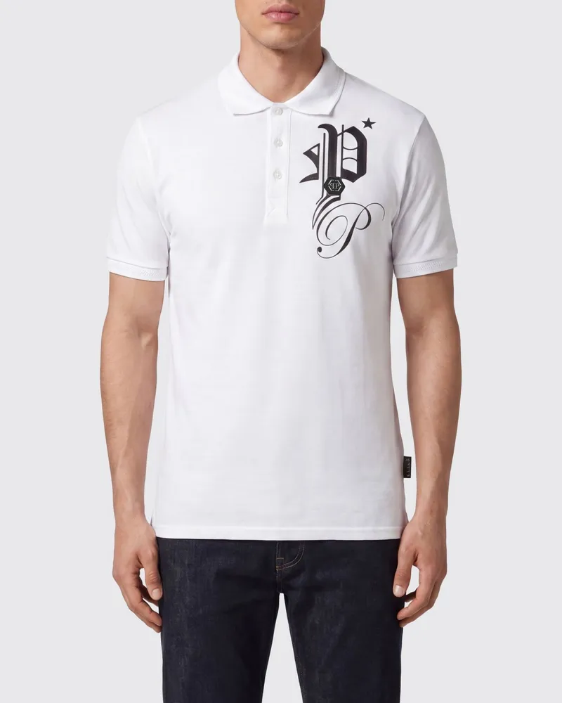 Philipp Plein Baumwoll-Poloshirt mit Monogramm-Logo und Drei-Knopf-Leiste Weiß