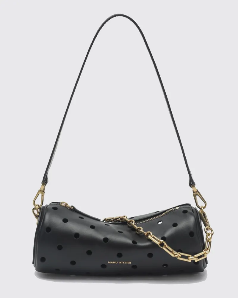 Manu Atelier Cylinder Schultertasche von aus perforiertem Glattleder mit Kettengriff Schwarz