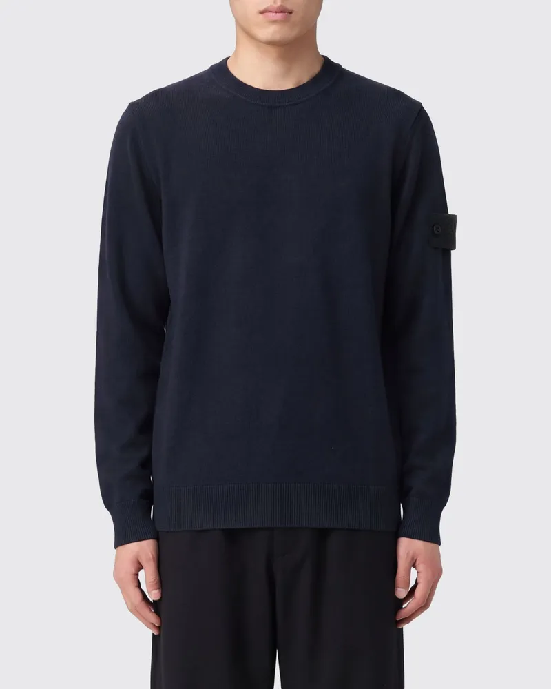 Stone Island Rundhalspullover aus reiner Schurwolle mit Compass-Logo-Patch Blau