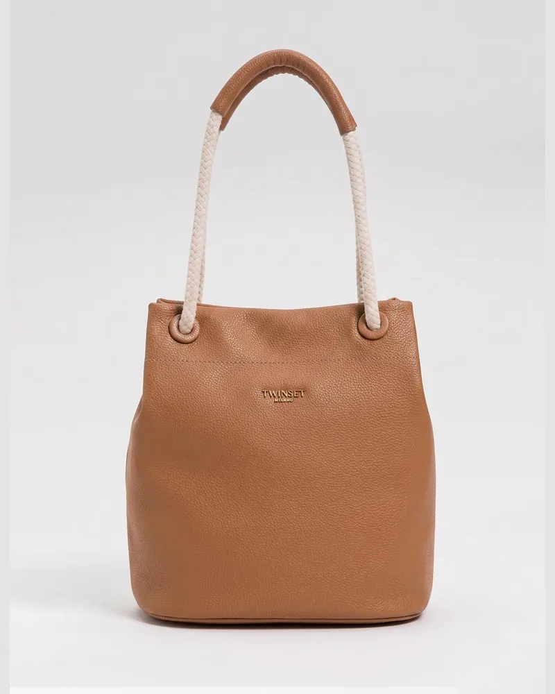 Twin-Set Schultertasche aus genarbtem Kunstleder mit doppeltem Henkel und Metall-Logo Leder