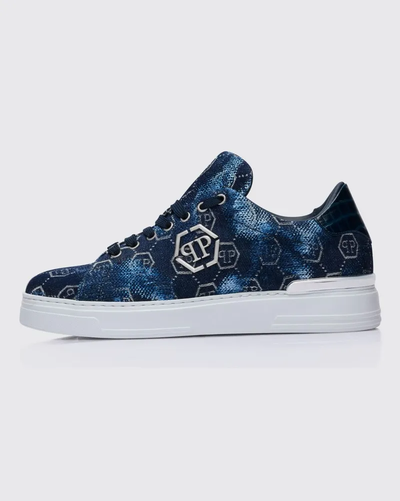 Philipp Plein Sneakers aus gebleichtem Denim mit Hexagon-Jacquard Blau