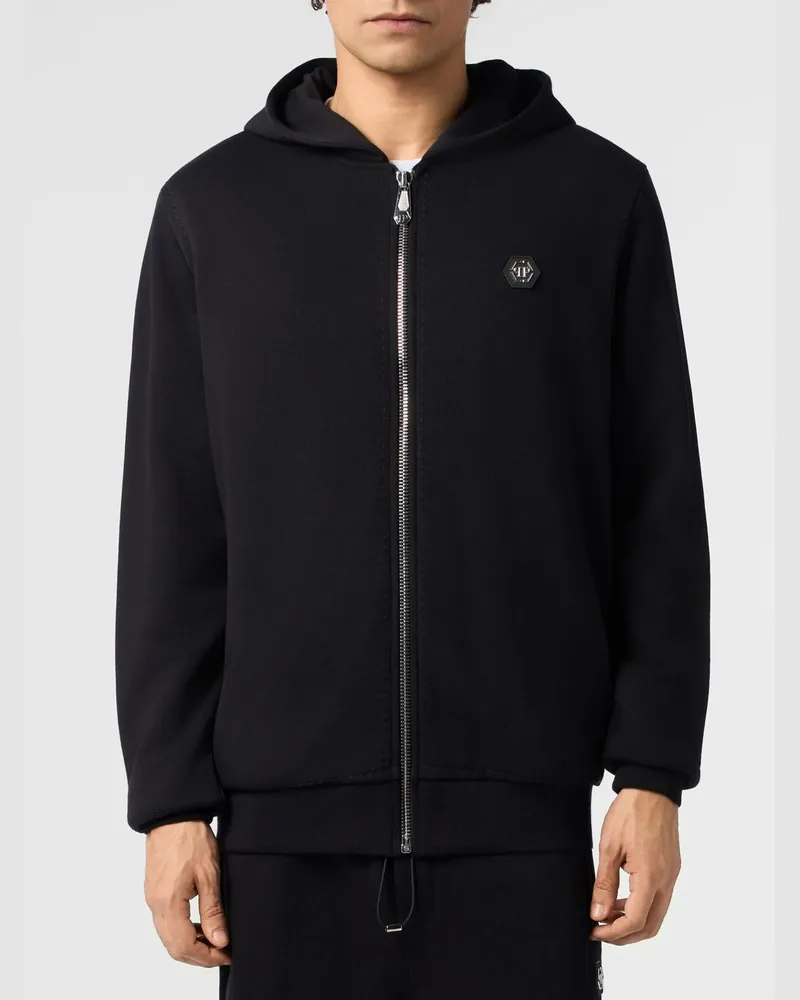 Philipp Plein Baumwoll-Kapuzenjacke mit Reißverschluss und Hexagon-Logo-Patch Schwarz