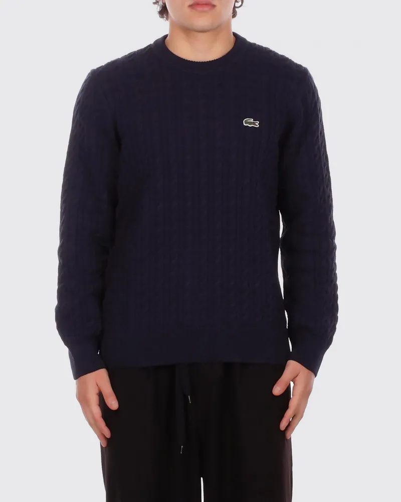 Lacoste Zopfstrick-Rundhalspullover aus Baumwolle mit Logo Blau