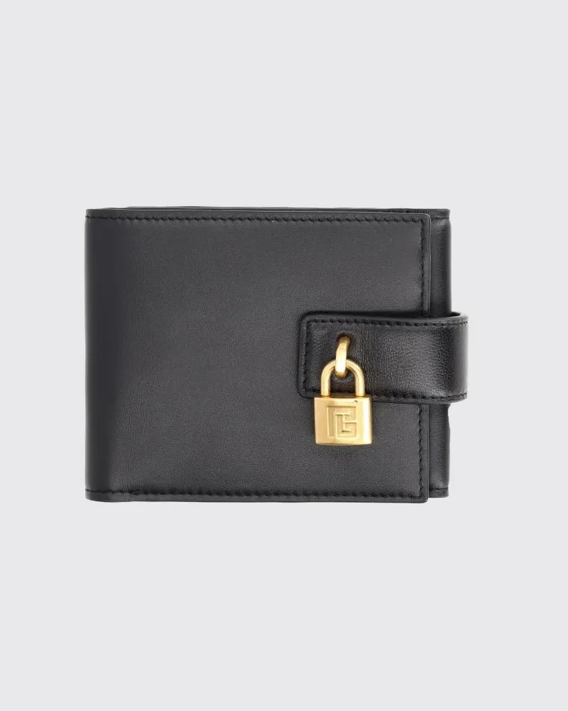 Balmain Bifold-Geldbörse aus glattem Kalbsleder mit Vorhängeschloss Schwarz