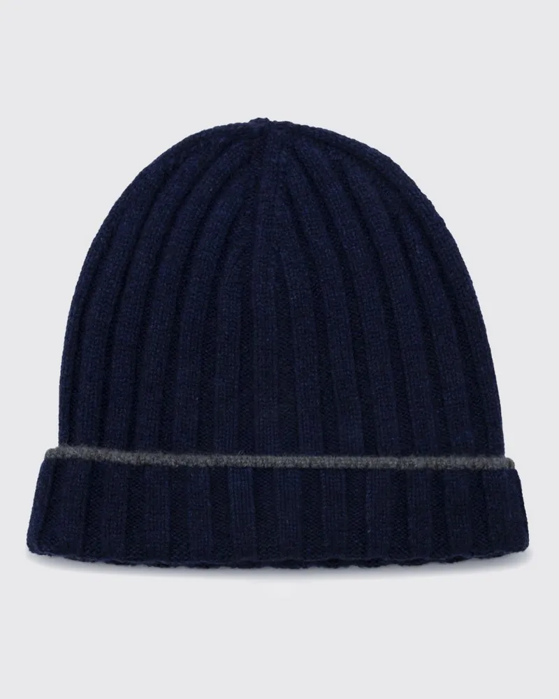 Brunello Cucinelli Gerippte Beanie-Mütze mit Umschlag aus reinem Kaschmir von Navy
